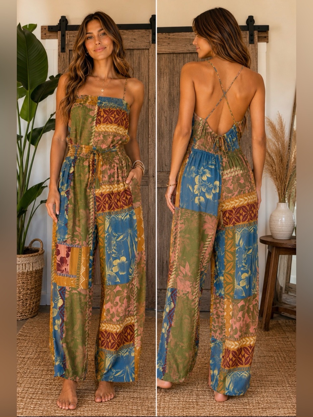 Free People Patchwork Pattern Strapless Floral Jumpsuit lg NWT